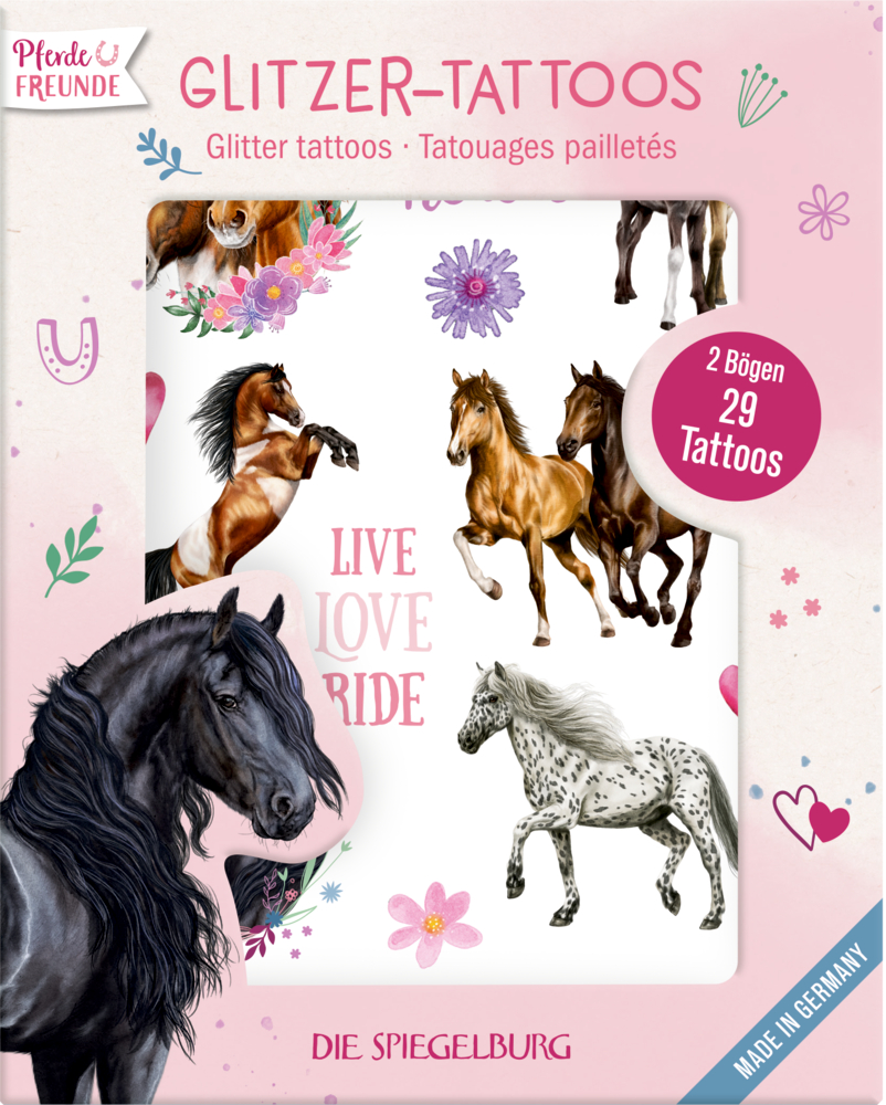 Set aus Glitzer-Tattoos mit Pferdemotiven, Blumen und dem Text „Live Love Ride“ auf rosa Hintergrund.
