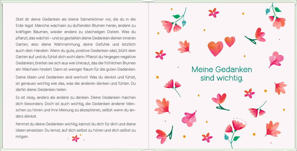 Illustration mit rosa Blumen und Herzen, dazwischen grüner Text: Meine Gedanken sind wichtig.