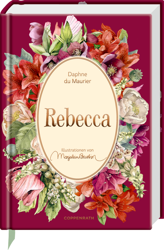 Rotes Buch mit dem Titel „Rebecca“ von Daphne du Maurier mit Blumenillustrationen rund um den Titel.