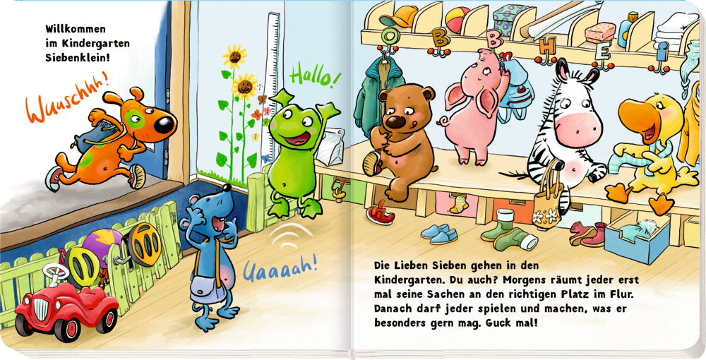 Sieben bunte Tiere lächeln und winken auf Bänken in einer fröhlichen Kindergarten-Garderobe.