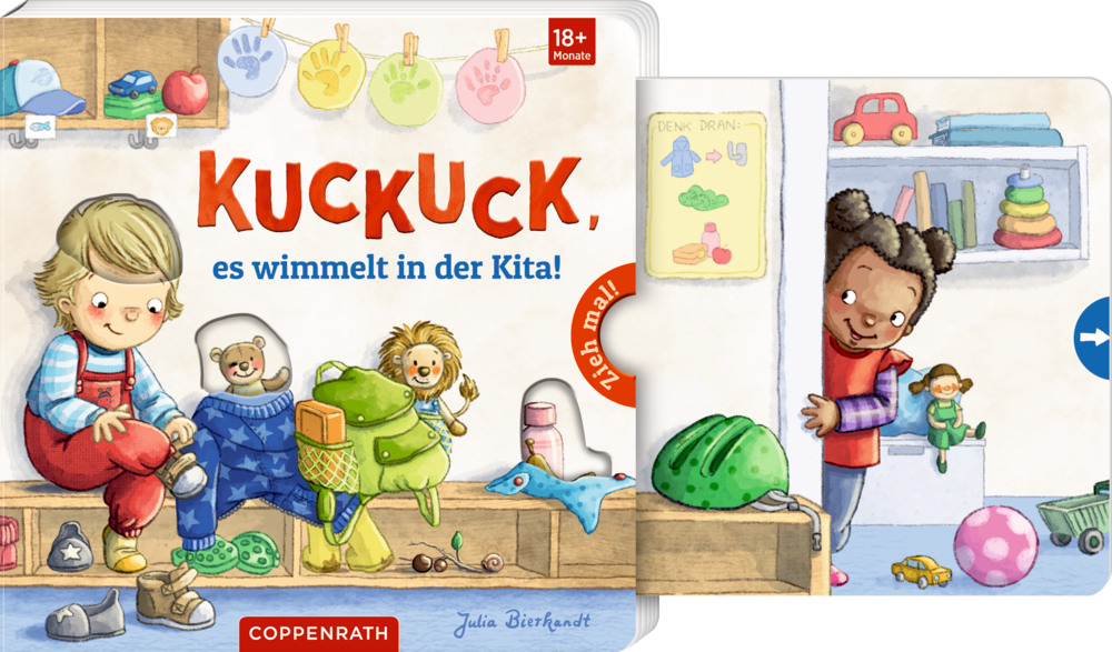 Illustriertes Kinderbuchcover mit Kindern in einer Kita, Spielzeug, Kleidung und dem Titel „Kuckuck, es wimmelt in der Kita!“.