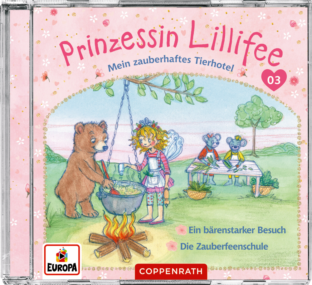 Eine Feenprinzessin, ein Bär und zwei Mäuse stehen im Garten mit großem Kochtopf vor rosa Glitzer.
