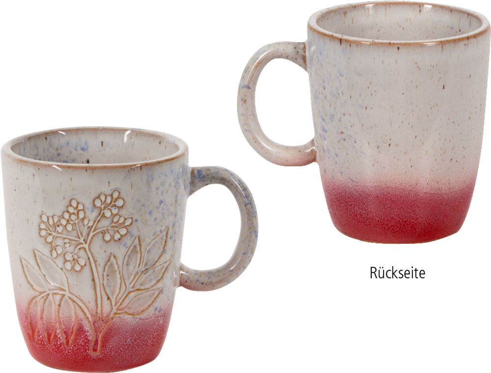 Creme-weiße Keramiktasse mit rotem Farbverlauf am Boden von hinten und von vorne gezeigt.