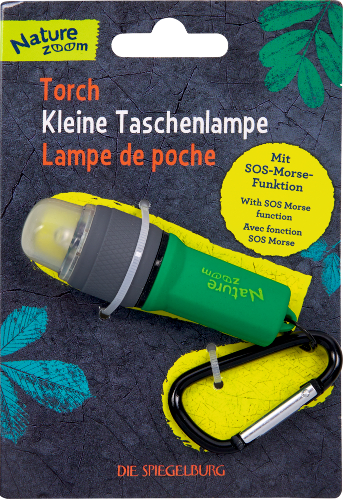 Grüne Mini-Taschenlampe mit grauem Kopf und schwarzem Karabiner an Kartonverpackung mit Text.