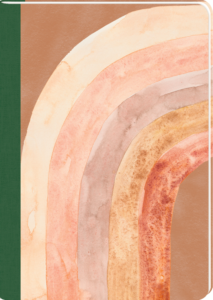 Notizbuchumschlag mit grünem Rücken, der einen Aquarellregenbogen in erdigen Rosa-, Hellbraun- und Brauntönen zeigt.