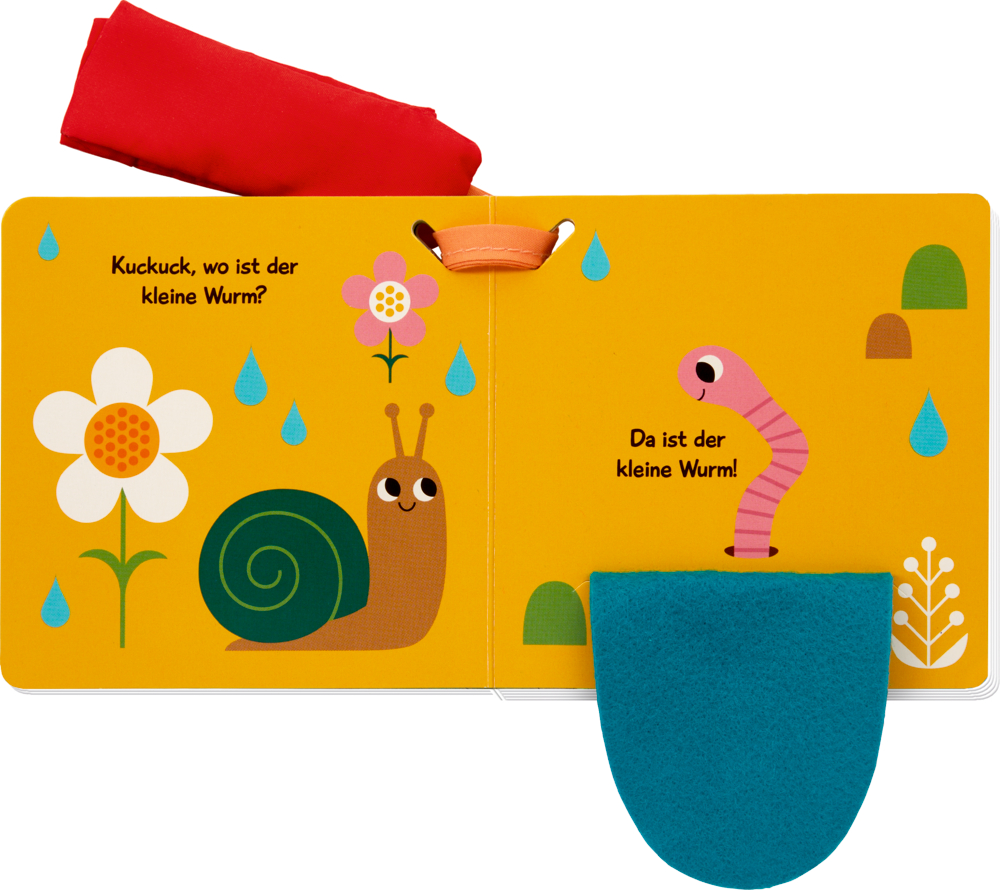 Buntes  Kinderbuch mit einer Schnecke, einer Blume und einem Wurm, die unter einer blauen Klappe hervorschauen.