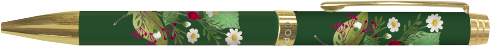 Grüner Kugelschreiber mit goldenen Metallakzenten und floralem Muster aus weißen Blüten, roten Beeren und grünen Blättern.