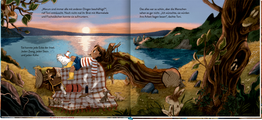 Buchinnenabbildung mit Illustration eines Kindes in gelb gestreiften Stiefeln, das auf einer Decke am Seeufer liegt, umgeben von Kaninchen, einer Ente und einem Baumstamm.