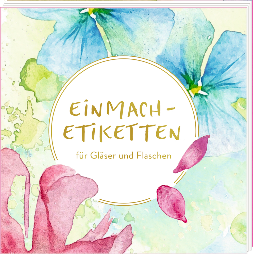 Aquarell-Blumenhintergrund mit demText „Einmachetiketten für Gläser und Flaschen“ in einem weißen Kreis.