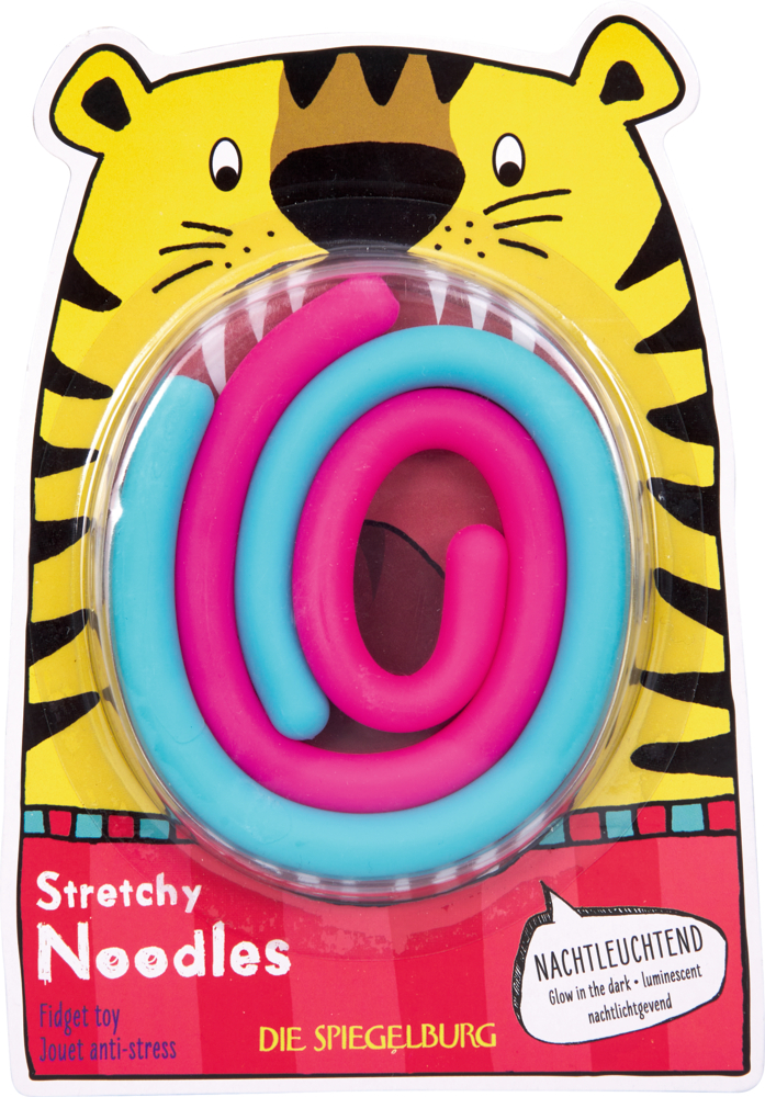 Zwei spiralförmig gerollte, dehnbare Schnüre in Pink und Blau in Verpackung mit Tigermotiv.