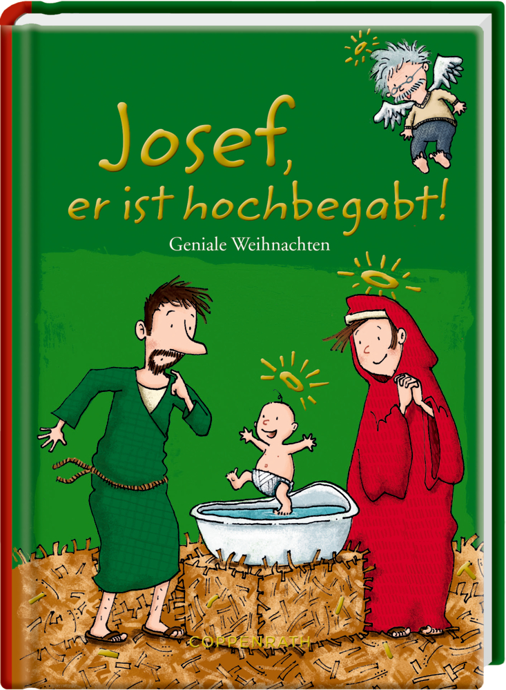 Karikatur von Josef, Maria und dem Jesuskind in einer Krippe mit einem Engel darüber; auf grünem Hintergrund.