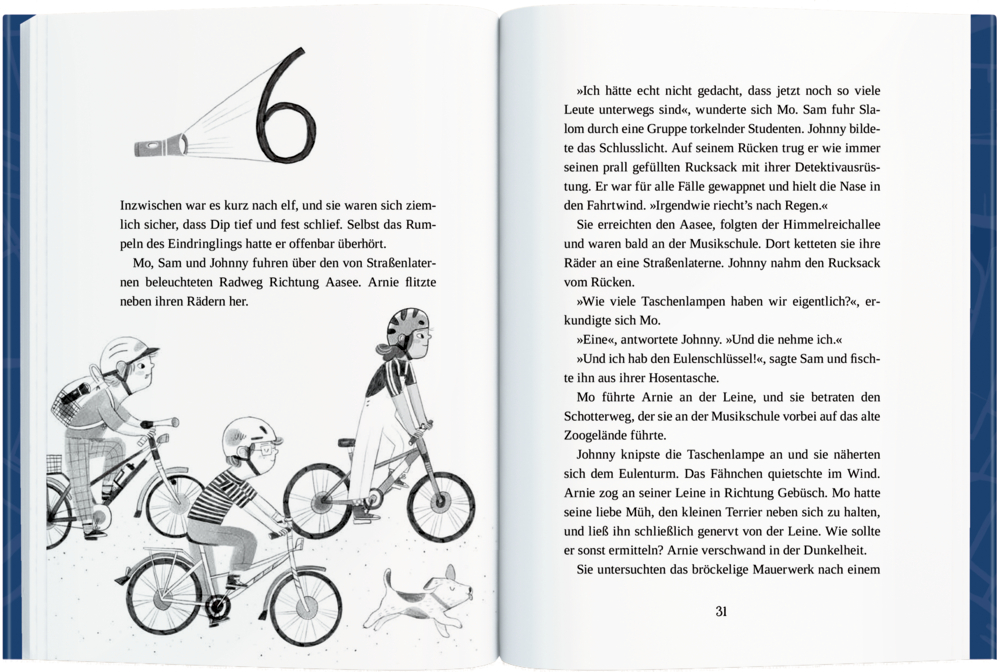 Vier Kinder fahren Fahrrad, die Zahl 6 und r Text sind auf einer offenen Buchseite zu sehen.
