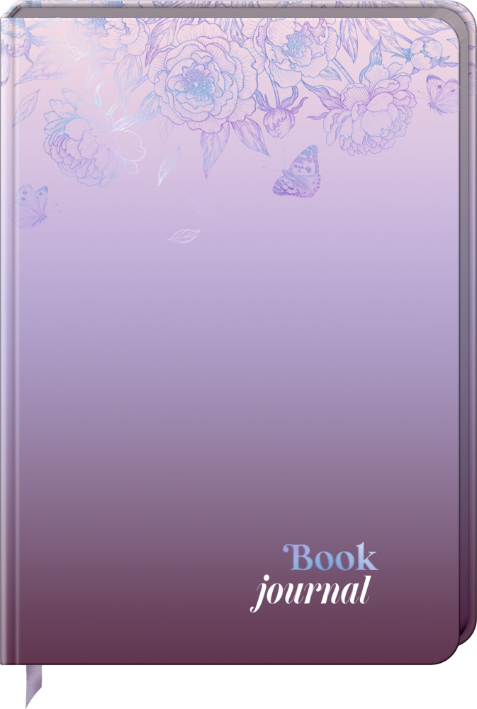 Notizbuch mit lila Farbverlauf, floralen Linienzeichnungen, Schmetterlingen und dem Aufdruck „Book journal“ auf dem Einband.
