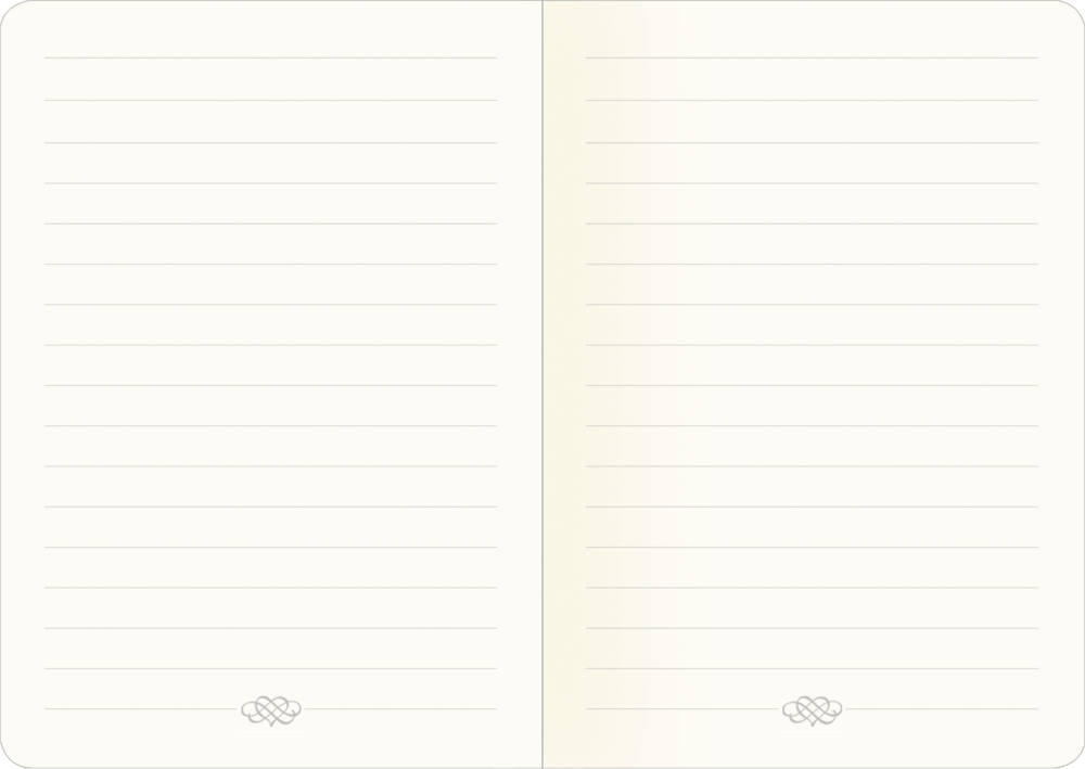Leeres, liniertes Notizbuch mit einem kleinen dekorativen Design am unteren Rand jeder Seite.