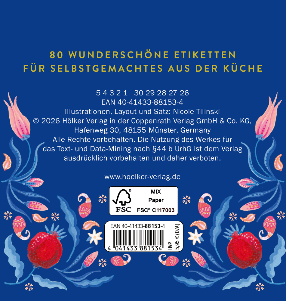Rückseite "Küchenetiketten" mit gelber Schrift auf blauem Grund, floralen Mustern und einem FSC-Label mit Barcode unten.