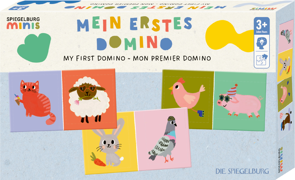 Verpackung eines Dominospiels mit bunten Tierillustrationen, darunter Katze, Schaf, Huhn, Hase, Taube und Schwein und bunter Aufschrift.