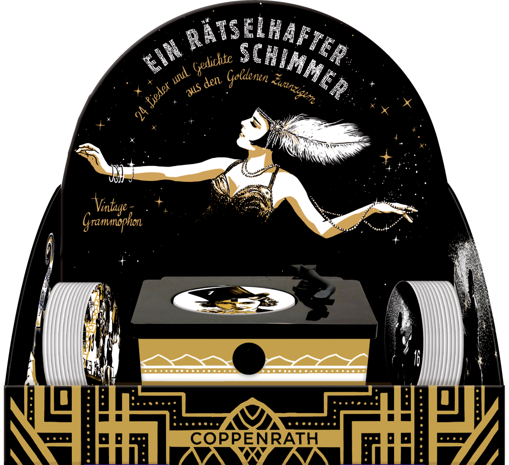 Art-Deco-Vintage-Plattenspieler mit der Illustration einer Flapper-Frau in Schwarz, Gold und Weiß.