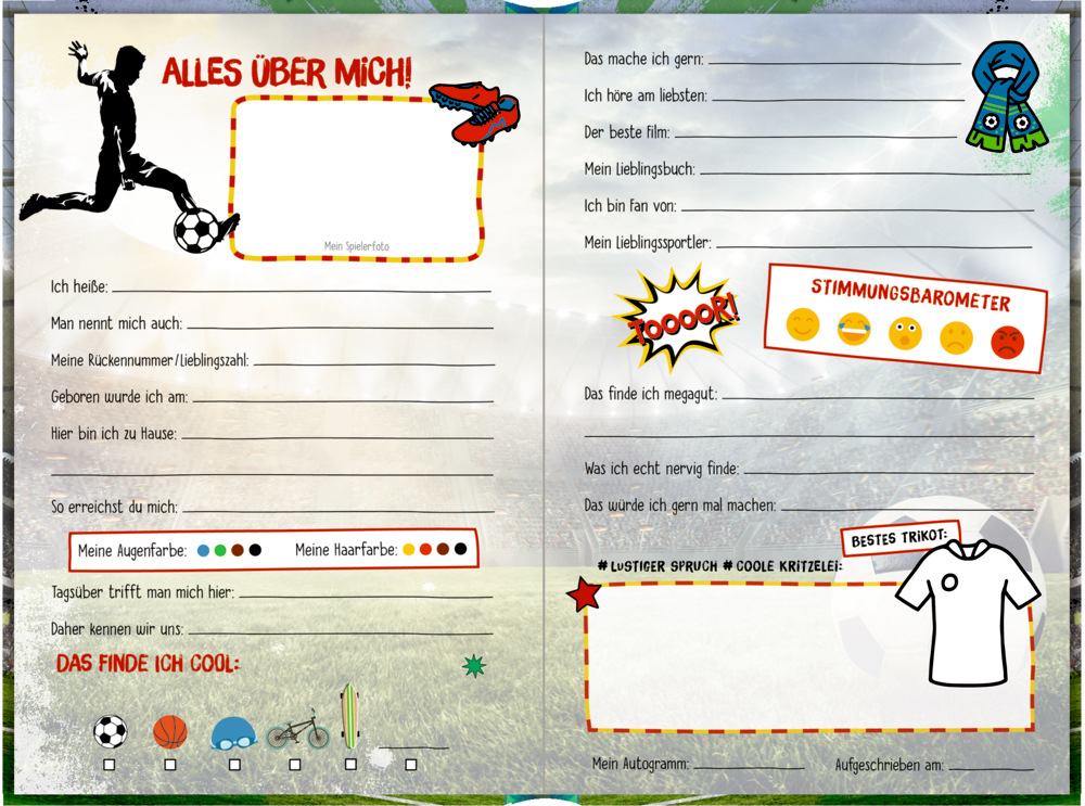 Profilseite zum Ausfüllen für persönliche Angaben zum Thema Fußball, mit lustigen Illustrationen und Platz für Kritzeleien.