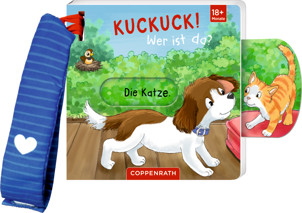 Kinderbuch mit Schieber und mit blau gestreiftem Buggyband: Ein Hund schaut eine Katze an.