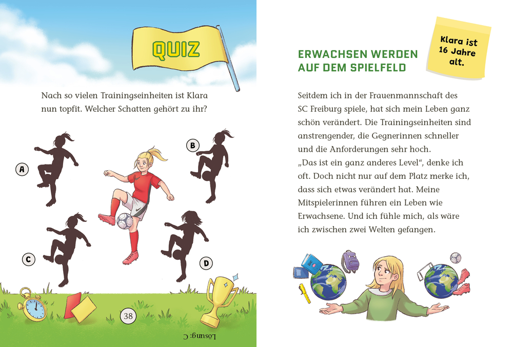 Kinder spielen draußen Fußball und fahren Fahrrad. Ein Foto zeigt Kinder in Trikots.