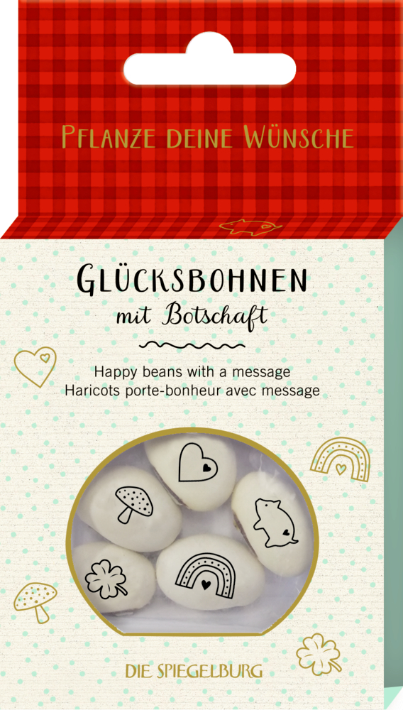 Glücksbohnenpackung mit weißen Bohnen mit Herz-, Regenbogen- und Schweinemotiven.