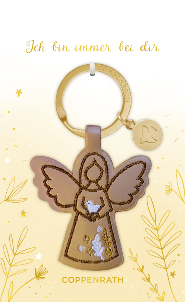 Schlüsselanhänger mit Engelmotiv aus PU-Leder, goldfarbenem Ring und kleinem runden Anhänger mit Vogelprägung.