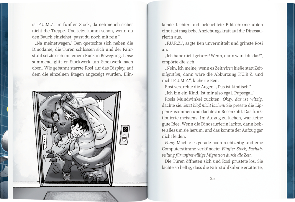 Kind und Dinosaurier in Kleidung stehen eng nebeneinander in einem Aufzug mit geschlossenen Türen.
