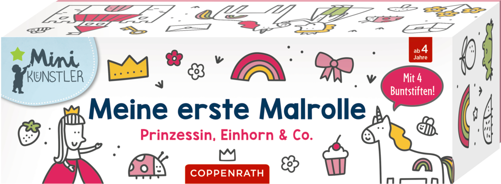 Bunte Box mit Prinzessin, Einhorn und Regenbogen. Aufschrift: Meine erste Malrolle.