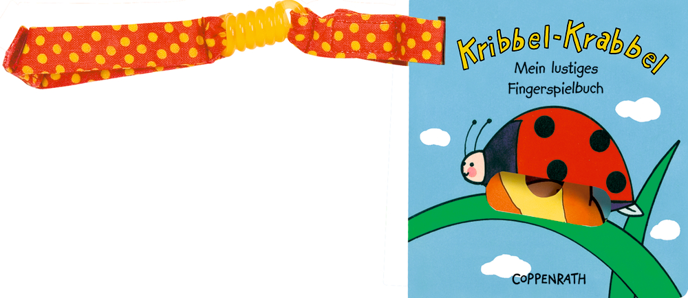Kinder-Fingerpuppenbuch mit einem Marienkäfer und einer roten Stoffschlaufe mit gelben Punkten.