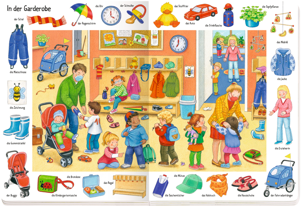 Kinder und Erwachsene in einer bunten Garderobe, ziehen Mäntel und Schuhe an und packen Taschen.