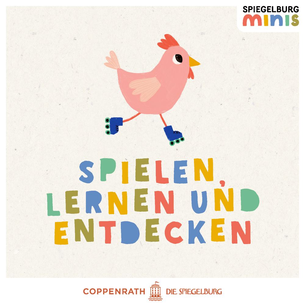 Gezeichnetes pinkes Huhn mit Rollschuhen über dem bunten Schriftzug „SPIELEN, LERNEN UND ENTDECKEN“.