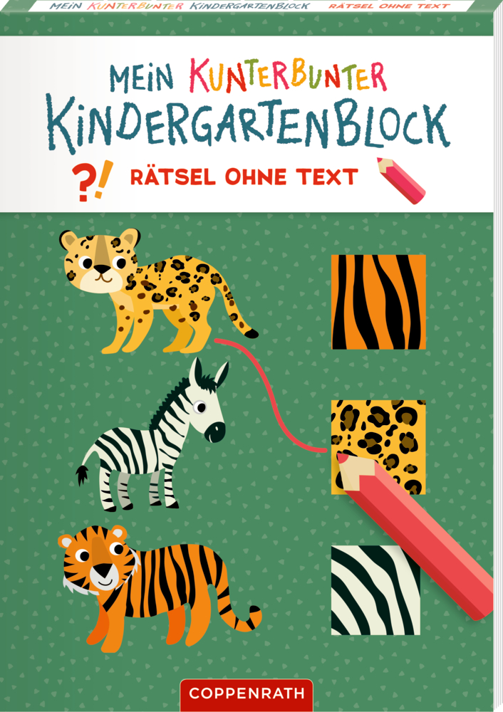 Buchcover mit verschiedenen Tieren und passenden Fellmustern zum Zuordnen, Titel: Mein Kunterbunter Kindergartenblock.