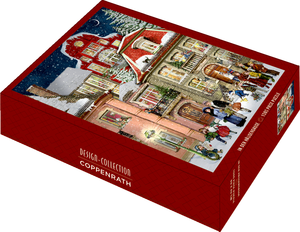 Rechteckige Puzzlebox mit winterlicher Straßenszene, schneebedeckten Häusern und Gruppen von Menschen in historischer Kleidung.