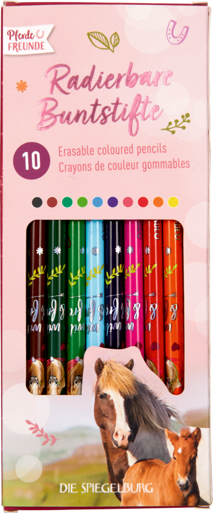 Schachtel mit 10 radierbaren Buntstiften mit Pferdeillustrationen auf der Verpackung.