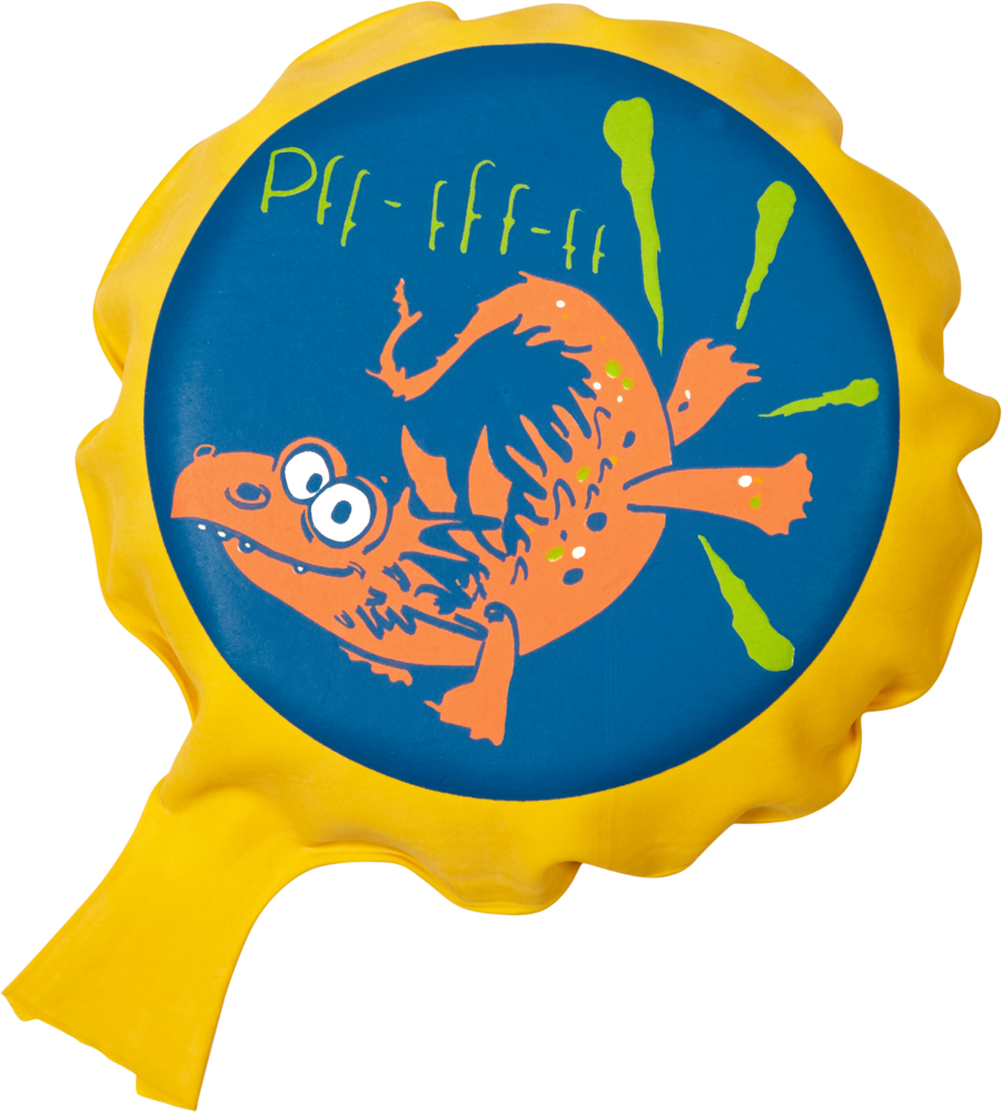 Gelbes Furzkissen mit einem Cartoon-Drachen und dem Text „Pff-fff-ff“ auf einem blauen Kreis.