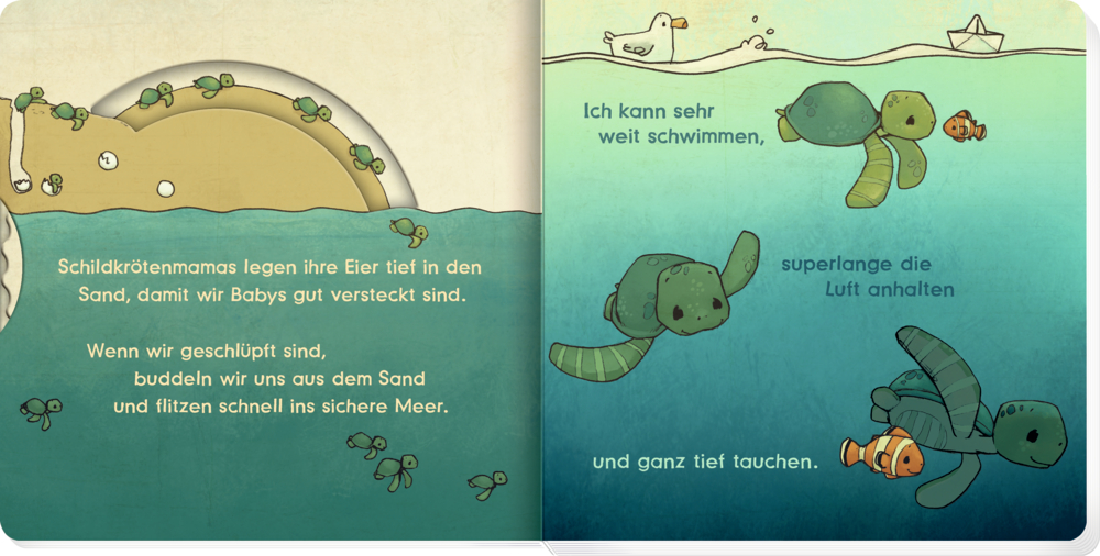 Buchinnenabbildung mit Illustrationen von Meeresschildkrötenbabys, die aus Eiern am Strand schlüpfen und ins Meer schwimmen, daneben tauchende Schildkröten mit Fischen.