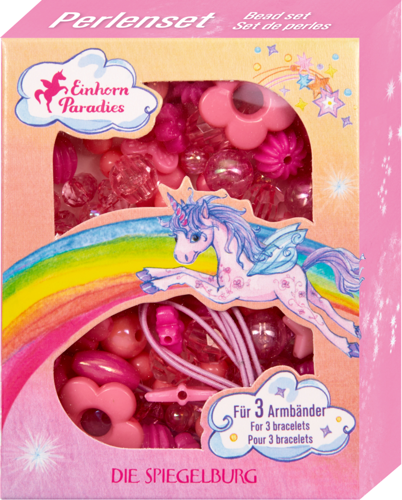 Rosa Perlenset-Box mit Einhornmotiv und rosa und violetten Perlen; genug für 3 Armbänder.