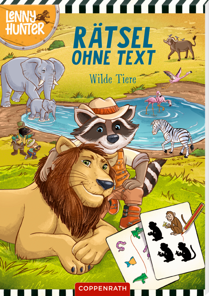 Auf dem Cover eines Rätselbuchs sieht man einen Waschbären und einen Löwen die sich an einem Teich inmitten wilder Tiere entspannen, im Vordergrund ist ein Puzzleblatt zu sehen.