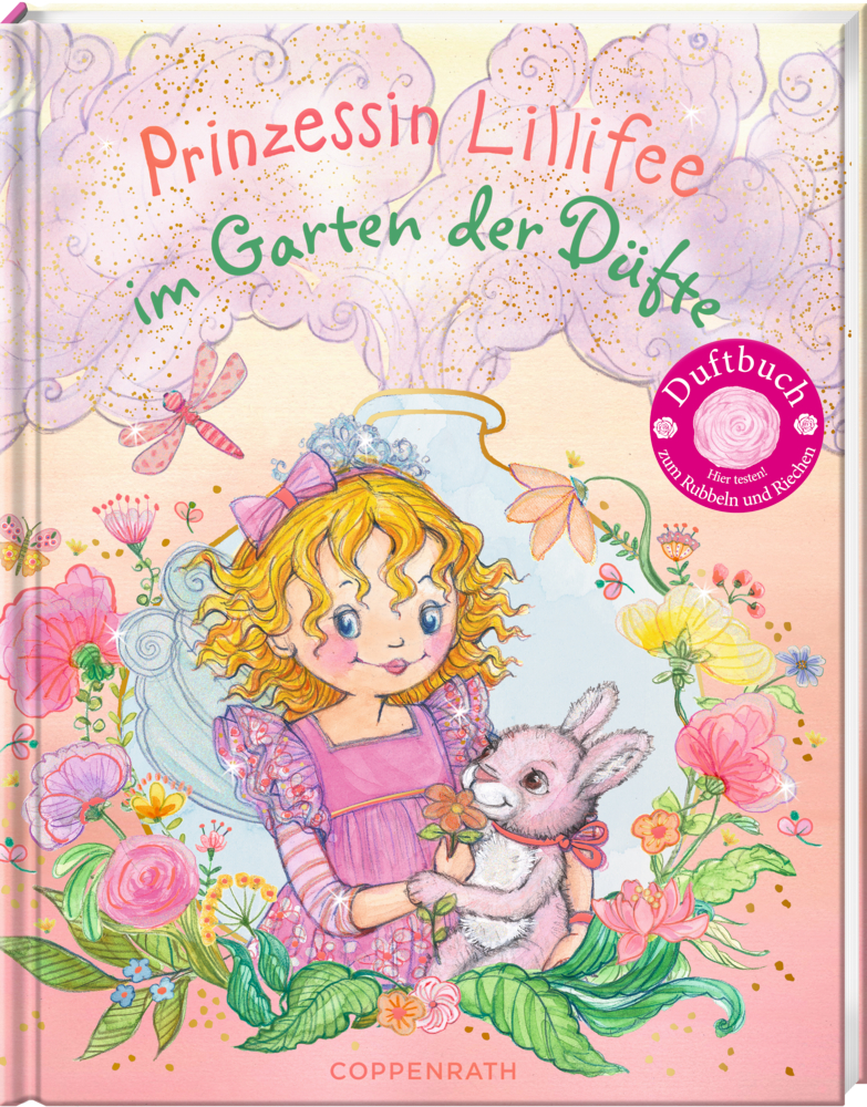Illustriertes Cover von "Prinzessin Lillifee im Garte der Düfte" auf dem Prinzessin ein Häschen in einem lebendigen, farbenfrohen Garten hält.