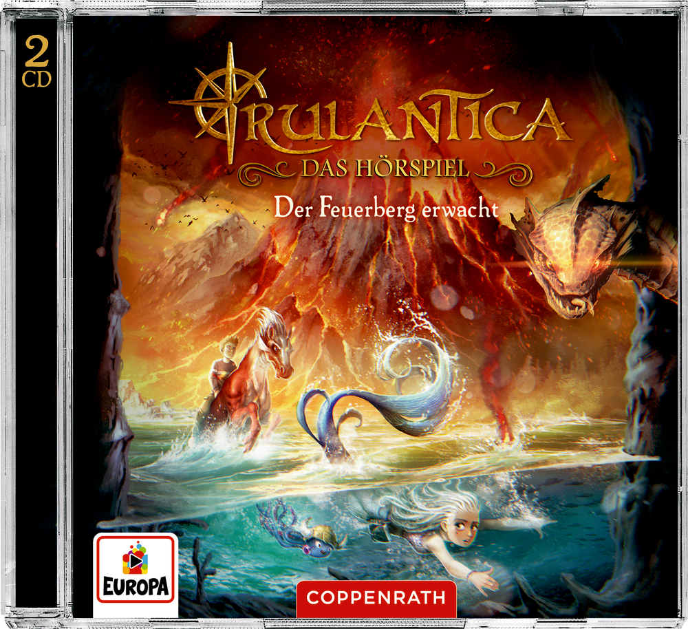 Rulantica: Der Feuerberg erwacht – Fantasy-Kunst mit Meerjungfrau, Seedrache und ausbrechendem Vulkan.