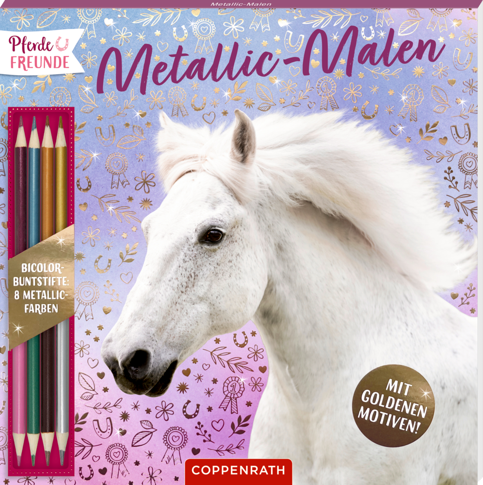 Malblock mit weißem Pferd auf lila Hintergrund, acht zweifarbige Buntstifte und goldene Muster.
