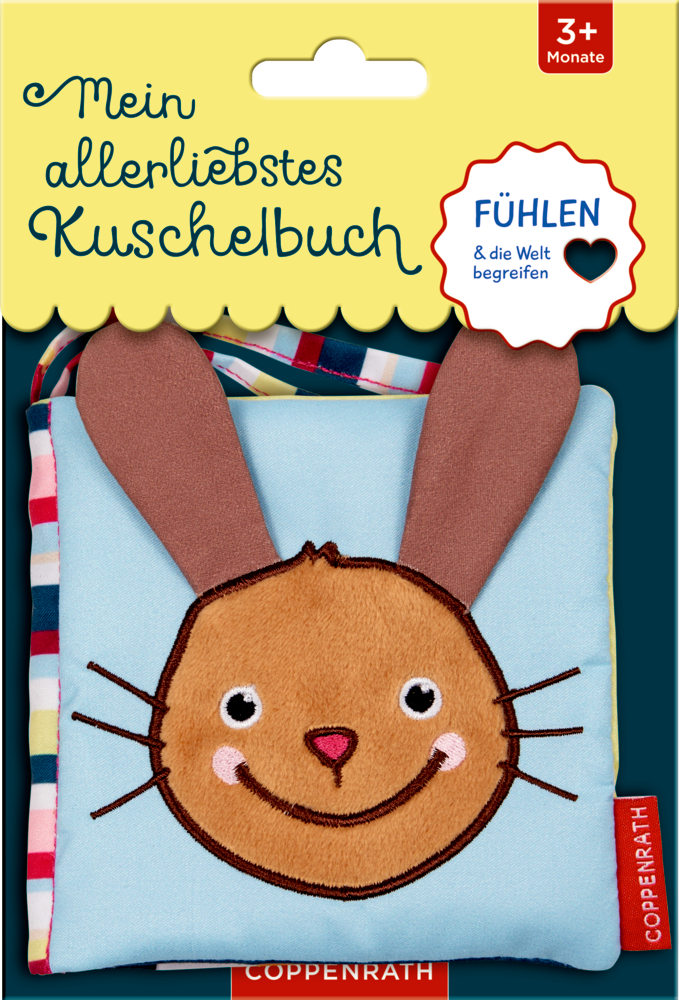 Weiches Babybuch mit lächelndem Hasengesicht und Schlappohren, für Kinder ab 3 Monaten.