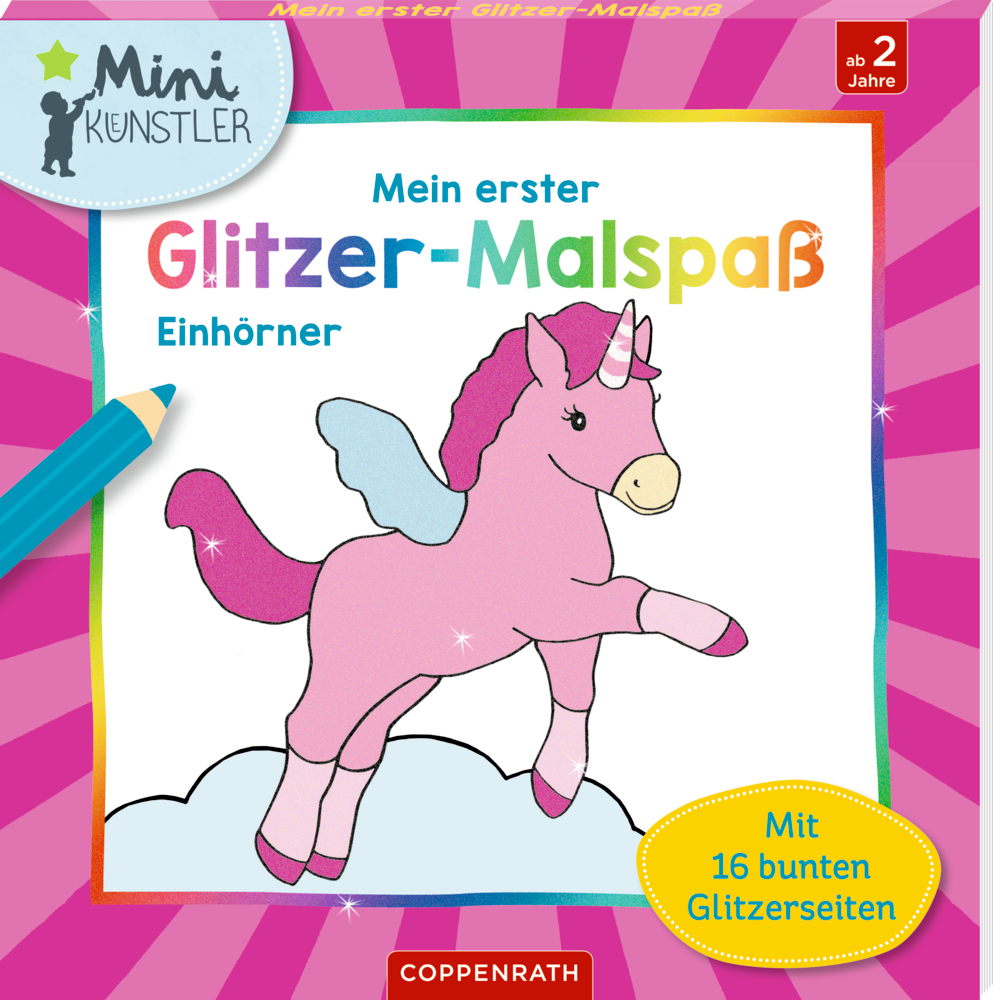 Rosa Einhorn mit lila Mähne und Schweif auf einem Malbuchcover für Kinder ab 2 Jahren.