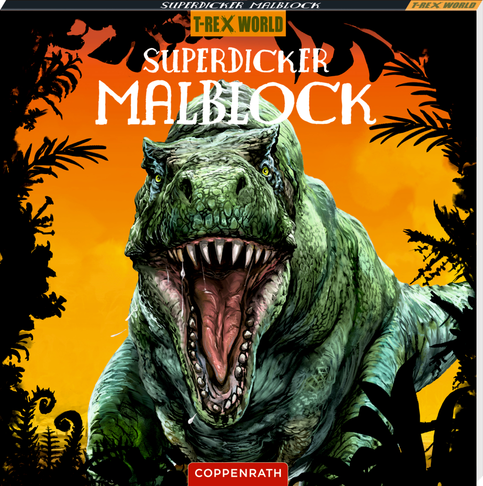 Malblock mit Illustration eines brüllenden grünen Tyrannosaurus Rex vor orangefarbenem Hintergrund mit Pflanzensilhouetten.