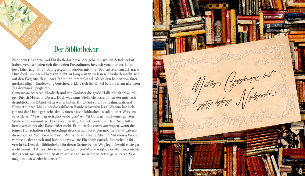 Innenansicht auf der linken Seite befindet sich deutscher Text und auf der rechten ein verzierter Zettel mit verschnörkelter Schrift und im Hintergrund befinden sich gestapelte BÃ¼cher.