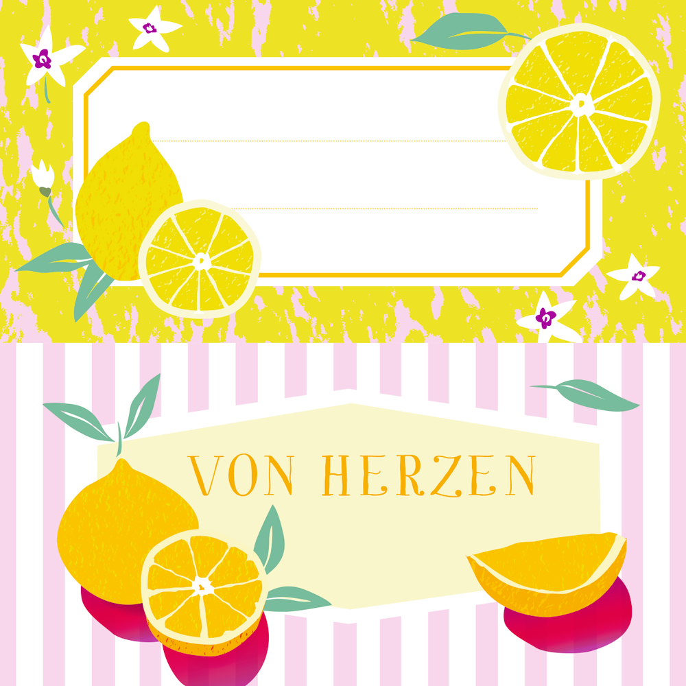 Zwei Etiketten. Oben: Blanko-Etikett mit Zitronen. Unten: „Von Herzen“ auf rosa-weißen gestreiftem Hintergrund mit Orangen.