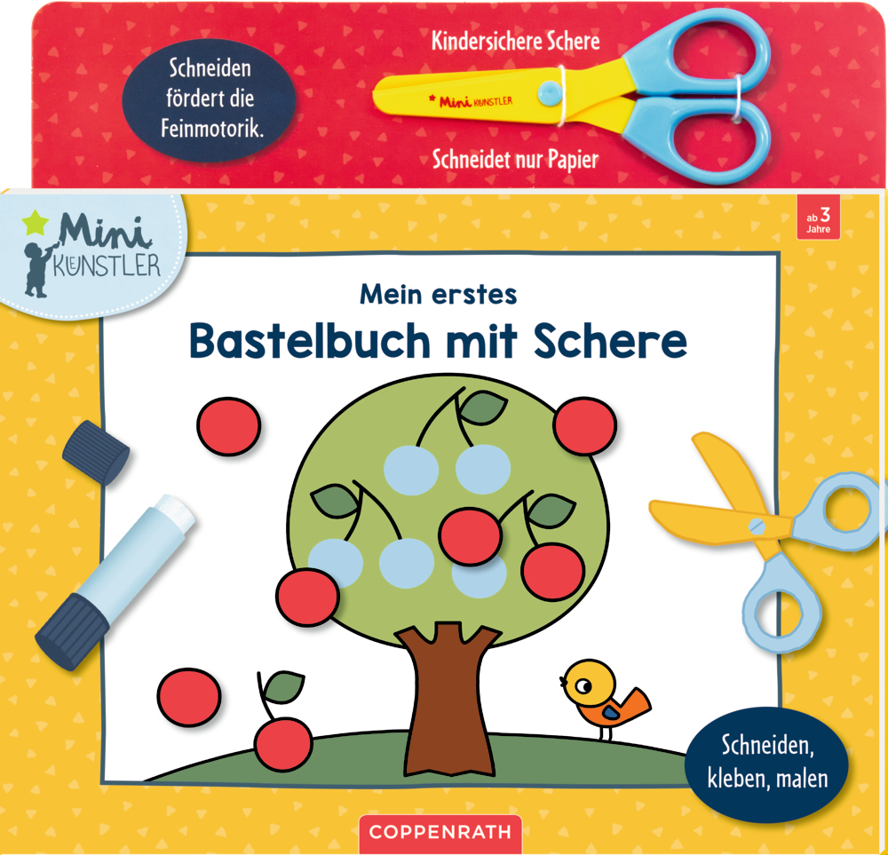 Buchcover mit Schere, Baum, Äpfeln und Vogel.