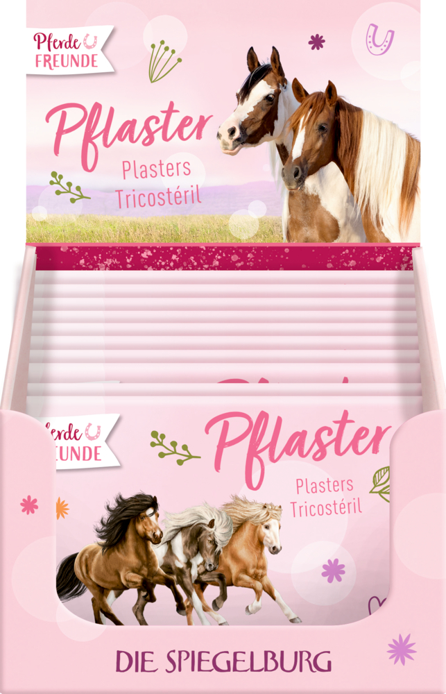 Pastellrosa Display-Box mit mehreren Pflastersets und Pferdeillustrationen.