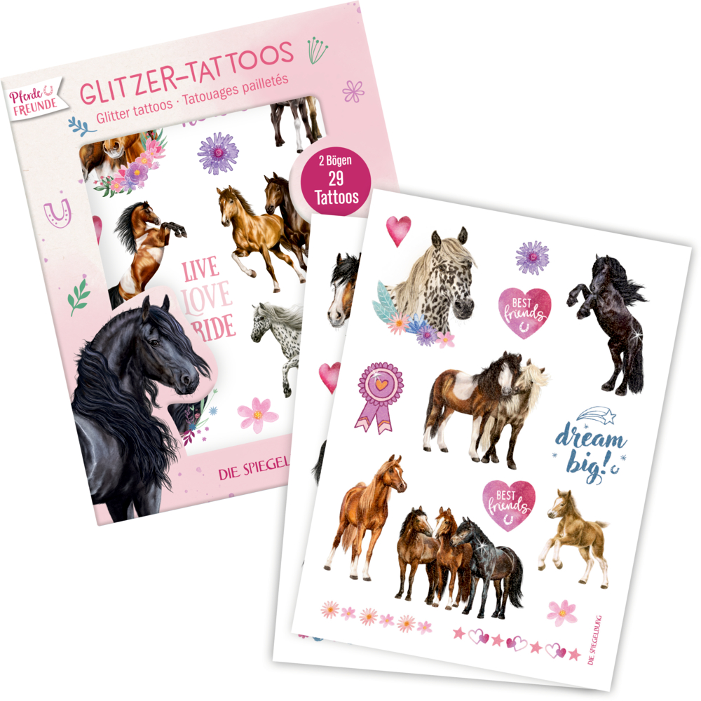 Set mit glitzernden Pferde-Tattoos in Rosa-Verpackung, darauf ein Bogen der verschiedene Pferdemotive, Blumen und Schriftzüge zeigt.