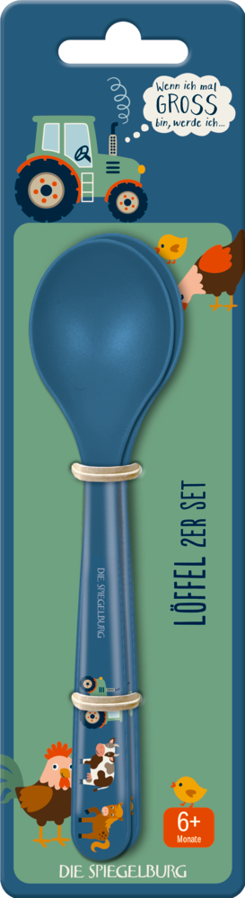 Blauer Kinderlöffel in Verpackung mit Bauernhoftieren und Traktor.